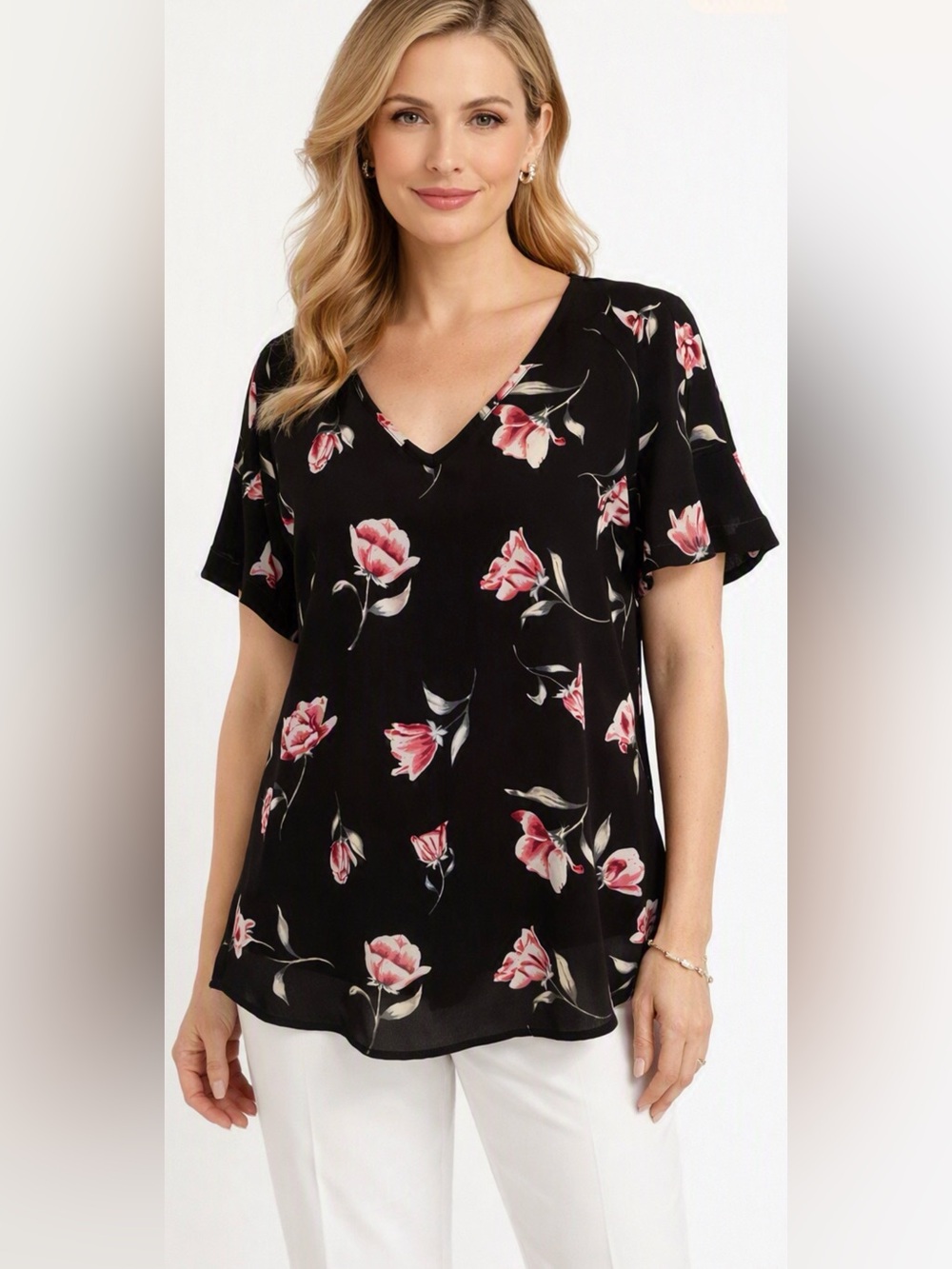 Sienna Sky Women’s Flowy Blouse in Black/Pink Floral Sz L